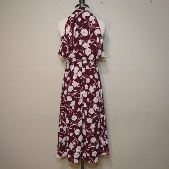 Lauren Conrad Runway Floral Ruffle Burgundy High Neckline Midi Dress 4 - Picture 4 of 12